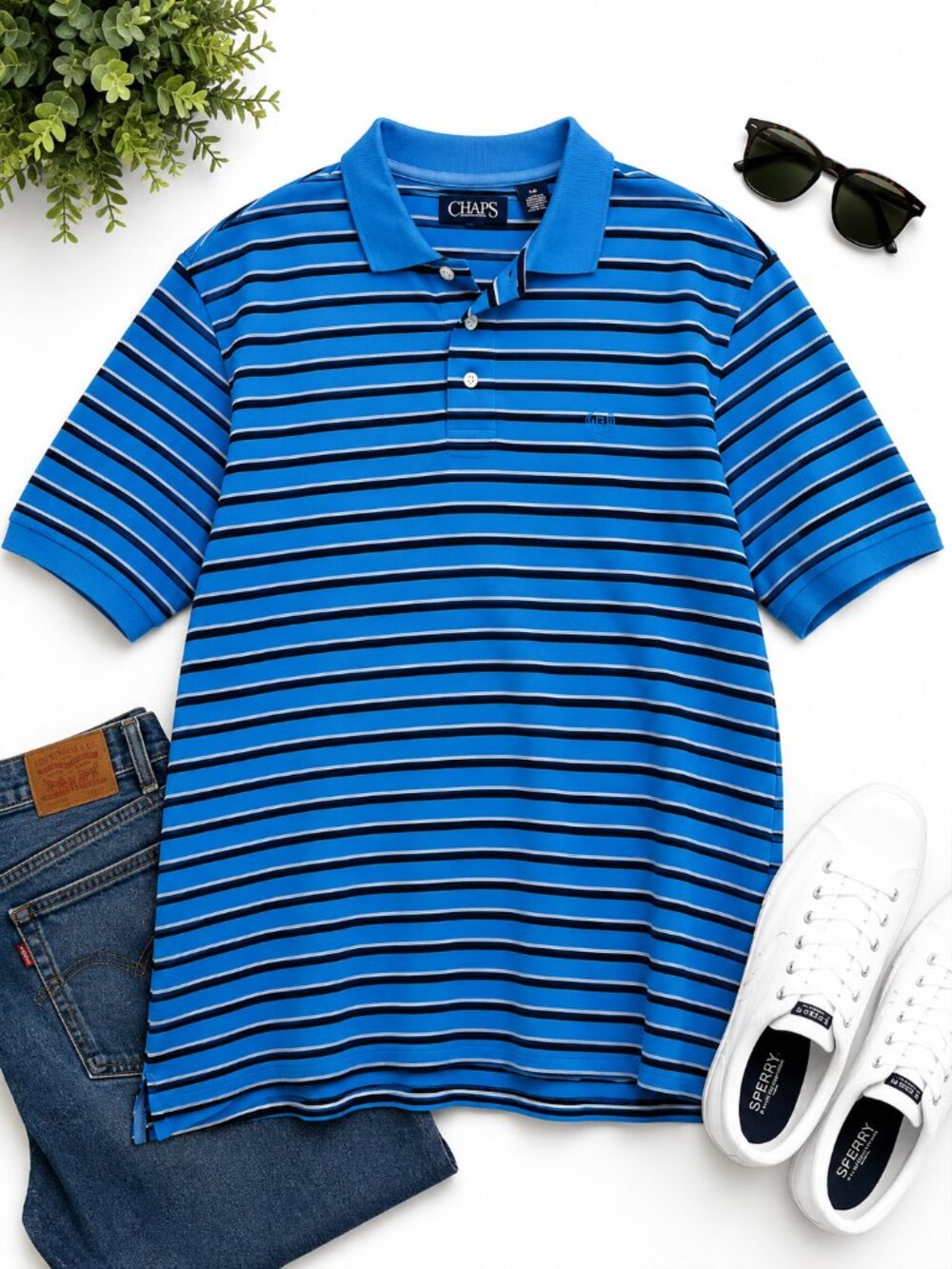 Chaps Men’s Large Blue Striped Polo Shirt Short Sleeve Classic Fit 100% Cotton